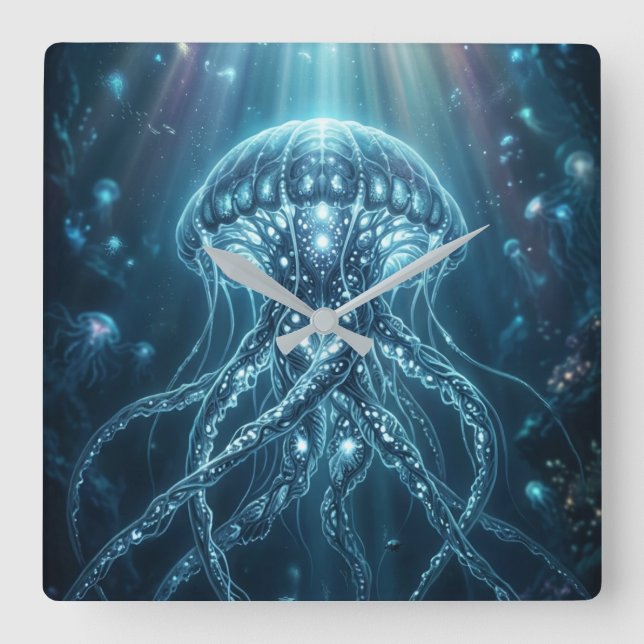 "Modern Bioluminescent Jellyfish Deep Sea Wall Clo Square Wall Clock (Front)