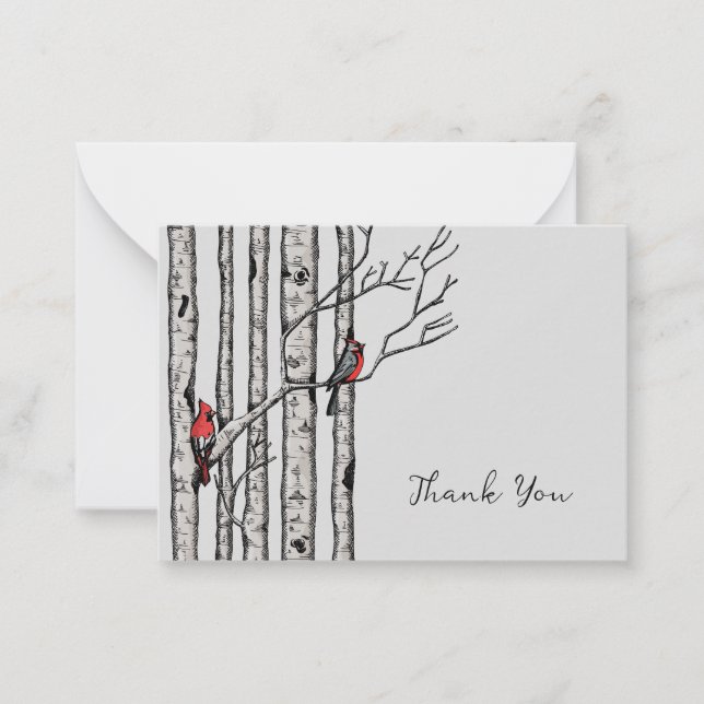 Modern Birch Trees and Red Birds Thank You Note Card (Front)