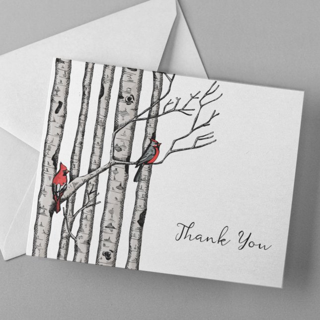 Modern Birch Trees and Red Birds Thank You Note Card (Chic, Modern Hand-Drawn Cardinals Perched on Birch Branches in Black Ink with Cross-Hatch Detailing.)