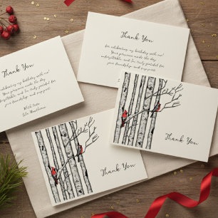 Modern Birch Trees and Red Birds Thank You Note Card