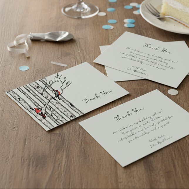 Modern Birch Trees and Red Birds Thank You Note Card (Elegant Red Cardinal Bird in Winter Birch Tree Forest Thank You Note Card for Christmas & Holidays)