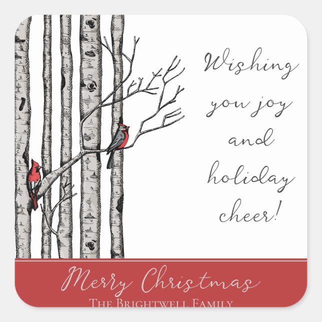 Modern Birch Trees and Red Cardinal Birds Square Sticker (Front)