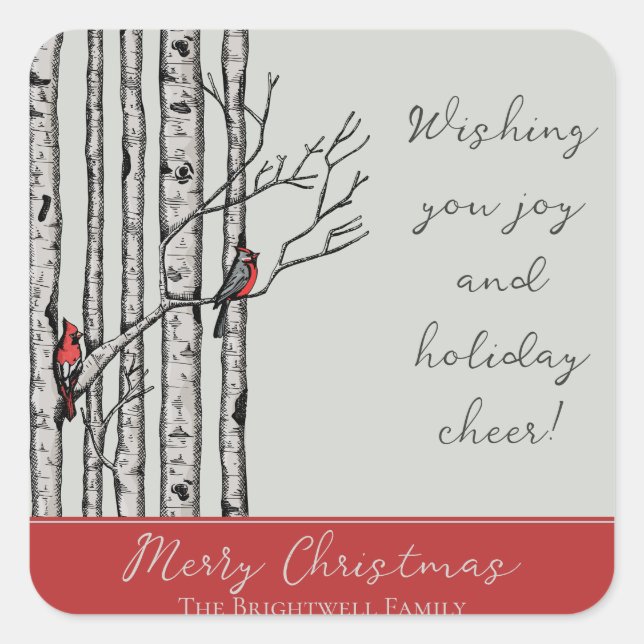Modern Birch Trees and Red Cardinal Birds Square Sticker (Front)