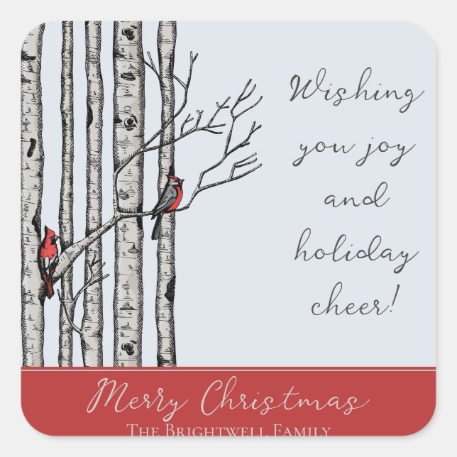 Modern Birch Trees and Red Cardinal Birds Square Sticker (Front)
