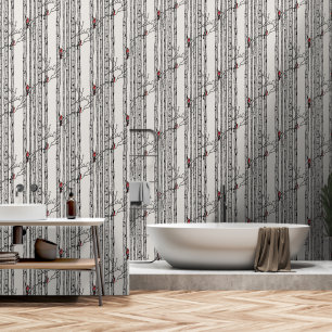 Modern Birch Trees and Red Cardinal Birds Wallpaper