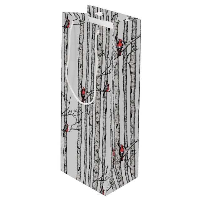 Modern Birch Trees and Red Cardinal Birds Wine Gift Bag (Front Angled)