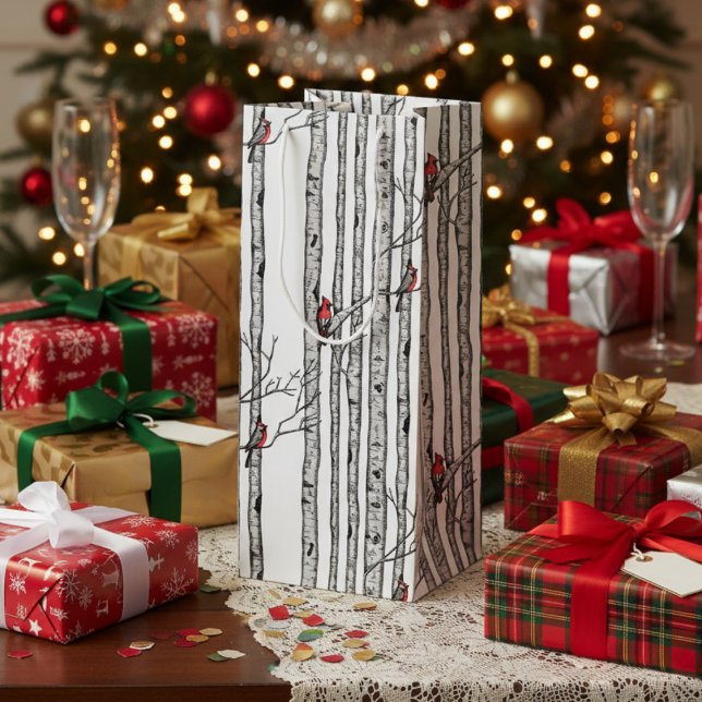 Modern Birch Trees and Red Cardinal Birds Wine Gift Bag (Festive Merry Christmas Rustic Birch Trees & Red Cardinal Birds Winter Wine Gift Bag in White.)