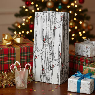 Modern Birch Trees and Red Cardinal Birds Wine Gift Bag