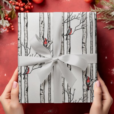 Modern Birch Trees and Red Cardinal Birds Wrapping Paper