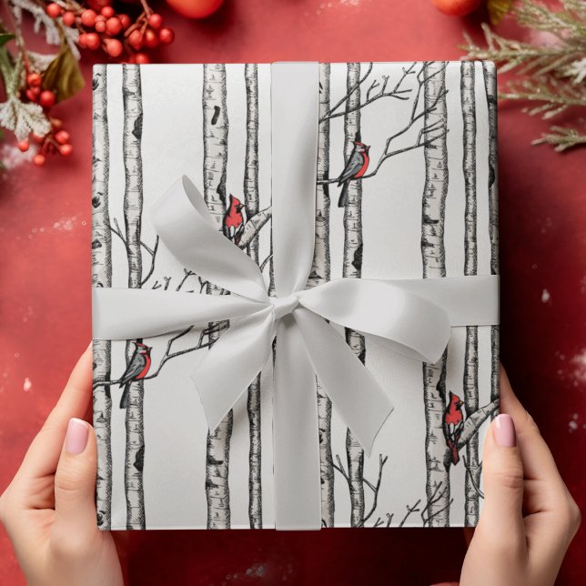 Modern Birch Trees and Red Cardinal Birds Wrapping Paper (Modern Hand Drawn Red Cardinals Perched on Birch Tree Branches on a Soft Gray Background.)