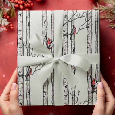 Modern Birch Trees and Red Cardinal Birds Wrapping Paper