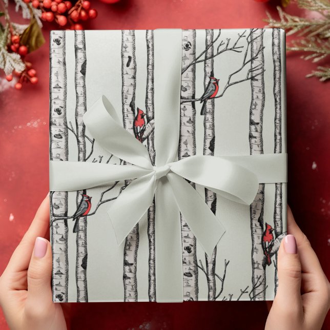 Modern Birch Trees and Red Cardinal Birds Wrapping Paper (Modern Hand Drawn Red Cardinals Perched on Birch Tree Branches on an Elegant Soft Blue Background.)