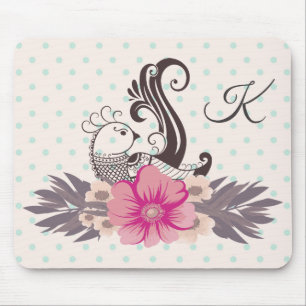 Modern Bird and Flora Dotty Monogrammed Mouse Pad