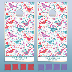 Modern Bird and Wildflower Pattern Personalized Cornhole Set