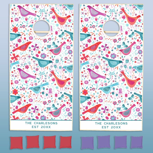 Modern Bird and Wildflower Pattern Personalized Cornhole Set (Pretty bird and wildflower watercolor art cornhole set with custom family name established text)
