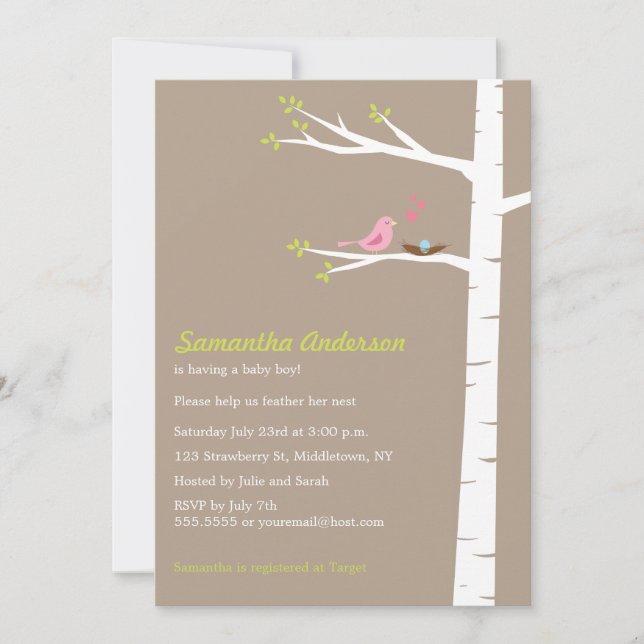 Modern Bird Birch Baby Shower Invitation - Boy (Front)