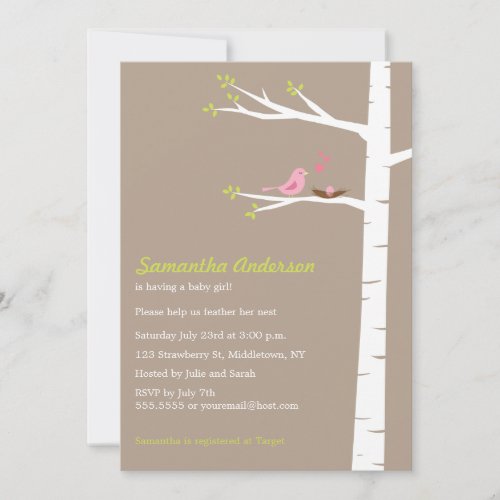 Modern Bird Birch Baby Shower Invitation - Girl