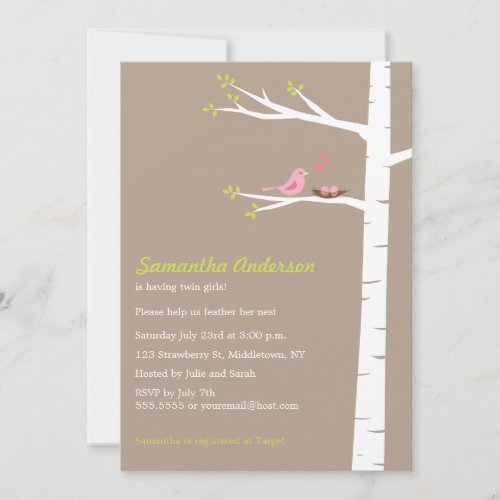 Modern Bird Birch Baby Shower Invitation Twin Girl