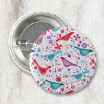 Modern Bird Floral Watercolor Button<br><div class="desc">Modern and contemporary watercolor birds and flowers pattern in vibrant teal green,  magenta pink and red on a white background.  Original art by Nic Squirrell.</div>