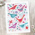 Modern Bird Floral Watercolor Postcard<br><div class="desc">Modern and contemporary watercolor birds and flowers pattern in vibrant teal green,  magenta pink and red on a white background.  Original art by Nic Squirrell.</div>