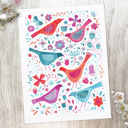 Modern Bird Floral Watercolor Postcard