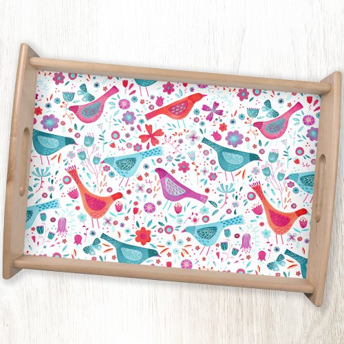 Modern Bird Floral Watercolor Serving Tray
