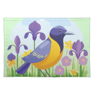 Modern Bird in Field of Iris Flowers Cloth Placemat