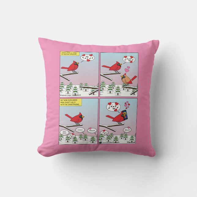 Modern Bird Mating Calls Comic Throw Pillow (Front)