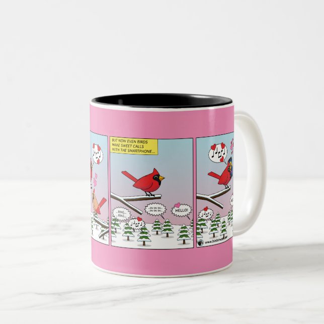 Modern Bird Mating Calls Comic Two-Tone Coffee Mug (Front Right)