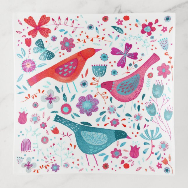 Modern Bird Watercolor Trinket Tray (Front)