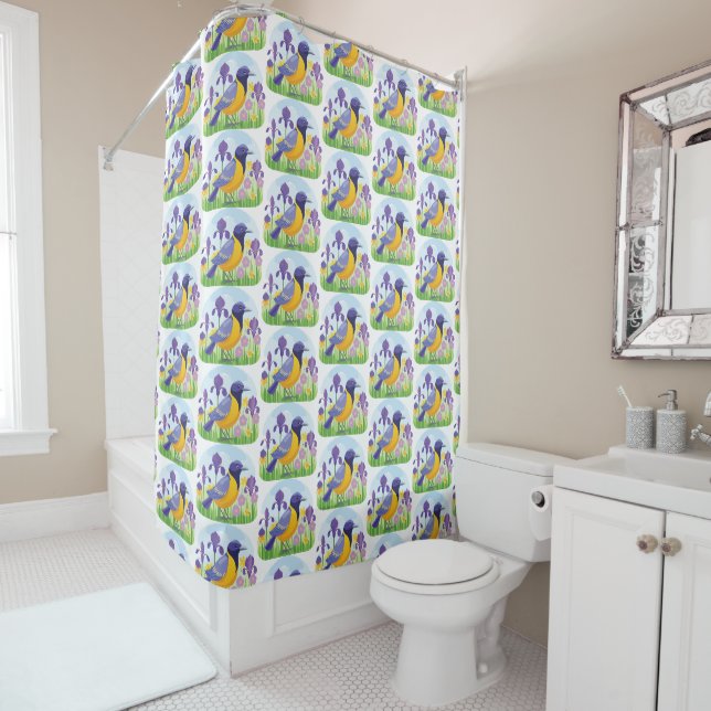 Modern Bird with Iris Flower Floral Pattern Shower Curtain (In Situ)