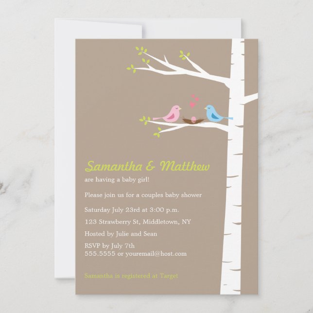 Modern Birds Couples Baby Shower Invitation Girl (Front)