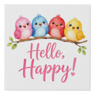 Modern Birds Hello Happy Faux Wrapped Canvas Print