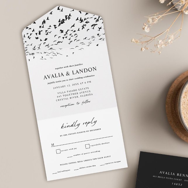 Modern Birds of a Feather Black and White Wedding All In One Invitation (Creator Uploaded)