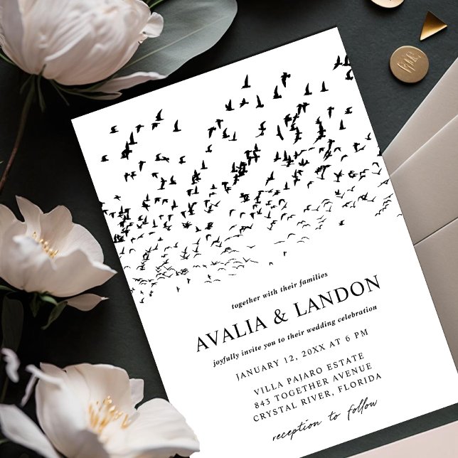 Modern Birds of a Feather Black and White Wedding Invitation (Creator Uploaded)
