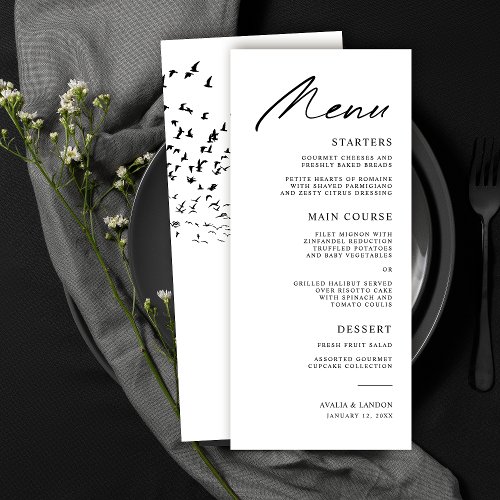 Modern Birds of a Feather Black and White Wedding Menu