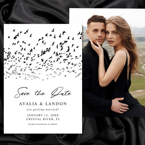 Modern Birds of a Feather Black and White Wedding Save The Date
