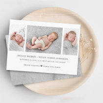 Modern Birth Announcement 3 Photos Collage Card
