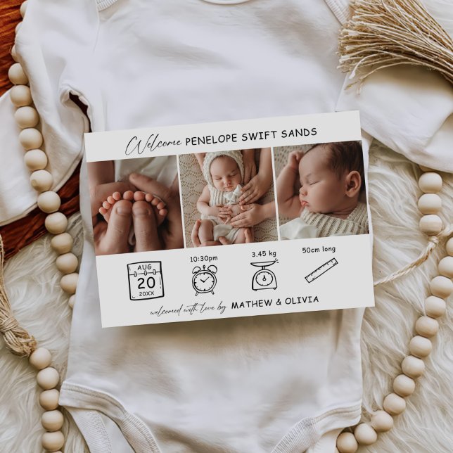 Modern Birth Announcement 3 Photos Collage Card (Creator Uploaded)