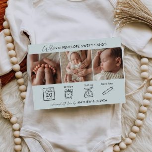 Modern Birth Announcement 3 Photos Collage Card
