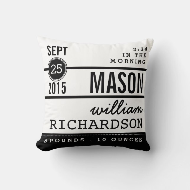 Modern Birth Baby Boy Personalized Nursery Pillow (Front)