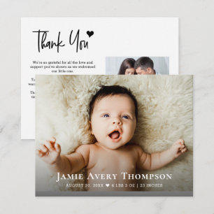 Modern Birth Baby Photos Thank you Heart note Announcement