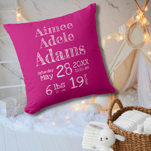Modern Birth Stats Baby Pillow Magenta Stripes