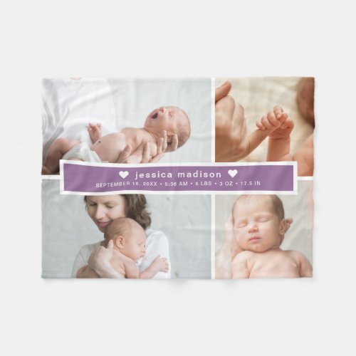 Modern Birth Stats Photo Collage Fleece Blanket
