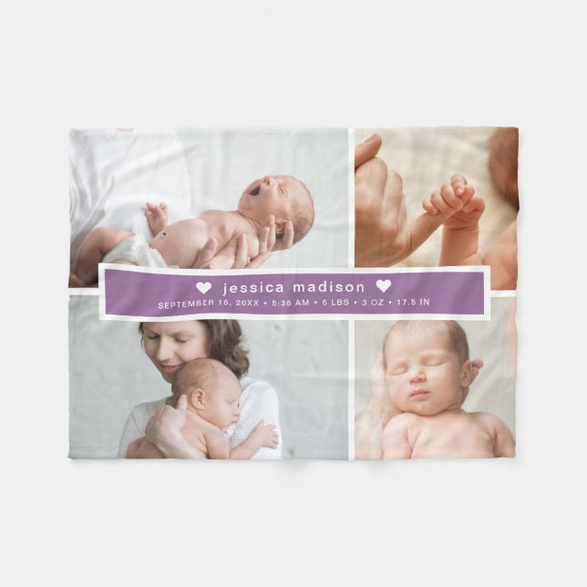 Modern Birth Stats Photo Collage Fleece Blanket (Front (Horizontal))