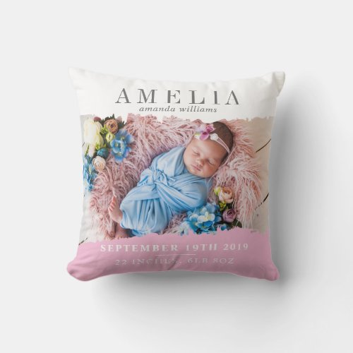 Modern Birth Stats Photo Keepsake Throw Pillow