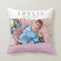 Modern Birth Stats Photo Keepsake Throw Pillow