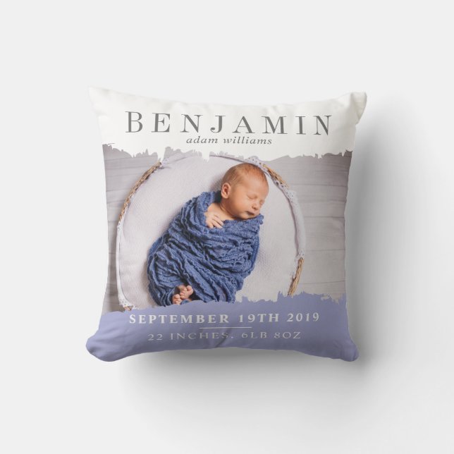 Modern Birth Stats Photo Keepsake Throw Pillow (Front)