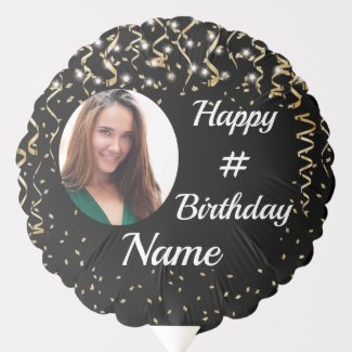 Modern Birthday Black Gold Confetti Script Photo Balloon