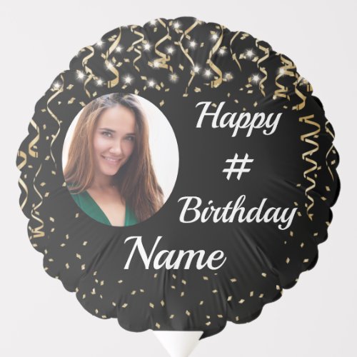 Modern Birthday Black Gold Confetti Script Photo Balloon